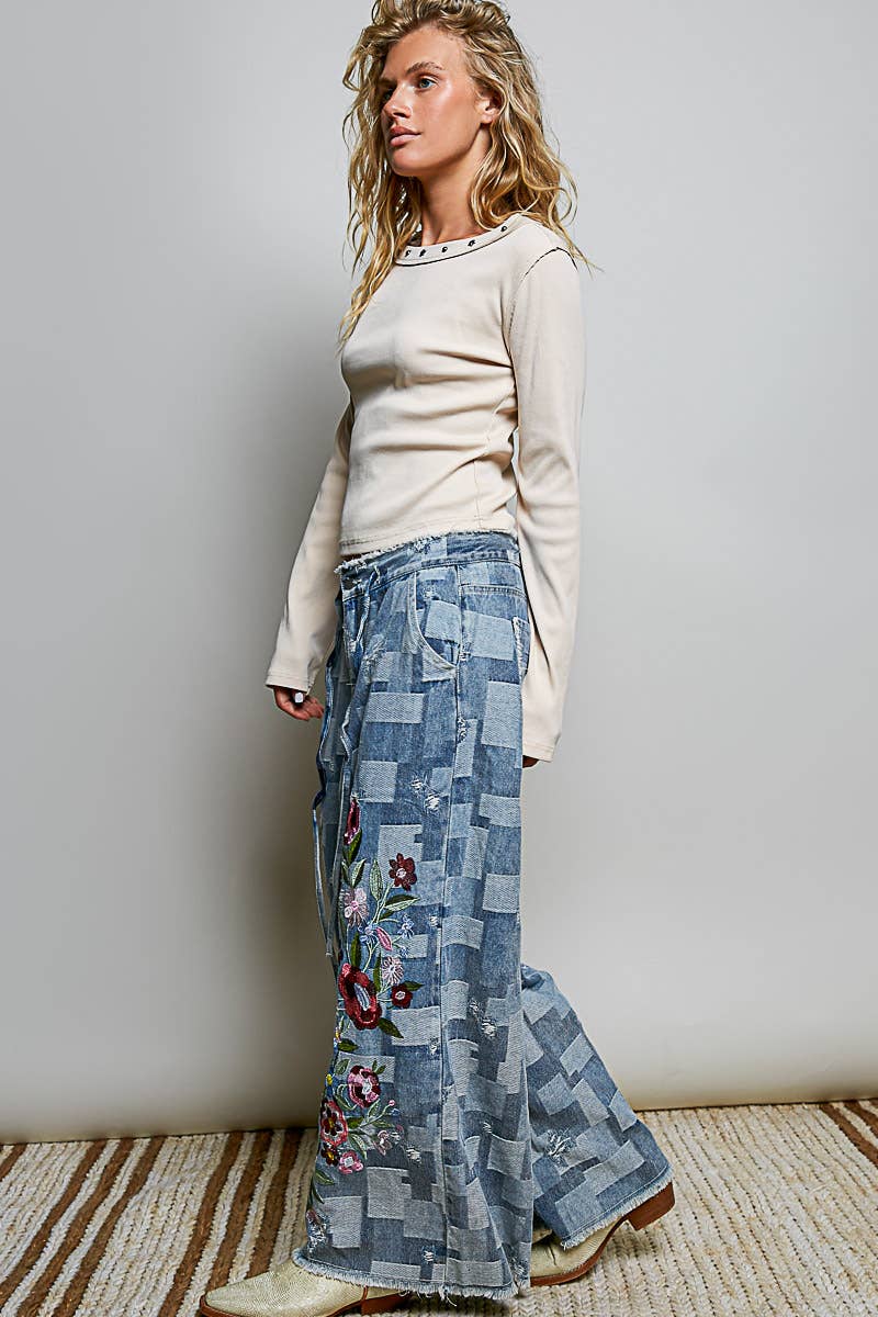 Vintage Bloom Denim Wide Leg Pants