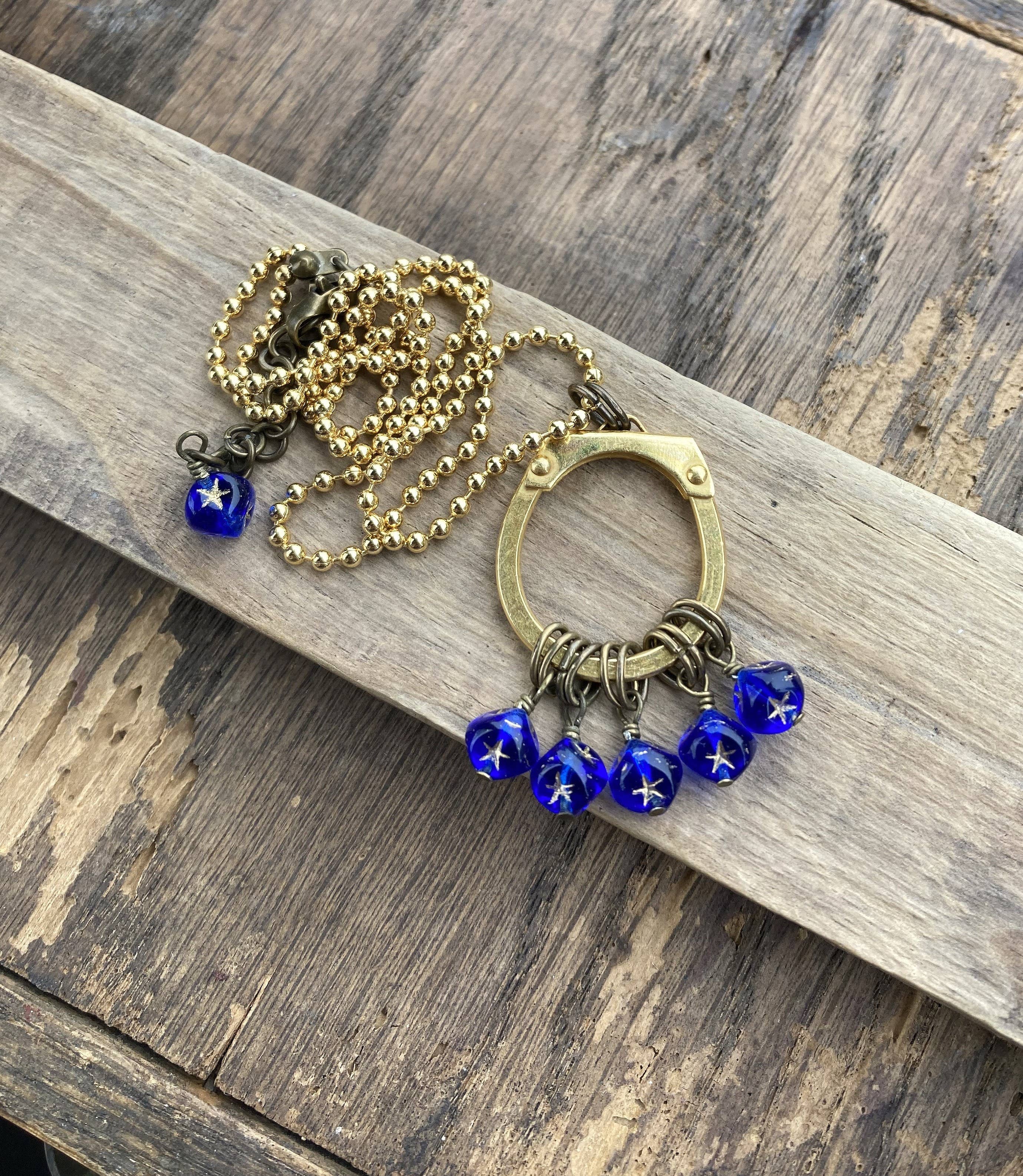 Cobalt & Gold Stars Glass Beaded Pendant Necklace