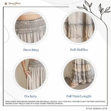 Garnet Artisan Panel Maxi Skirt feature highlights - smocking, soft ruffles, pockets, and full maxi length by Young Threads style 