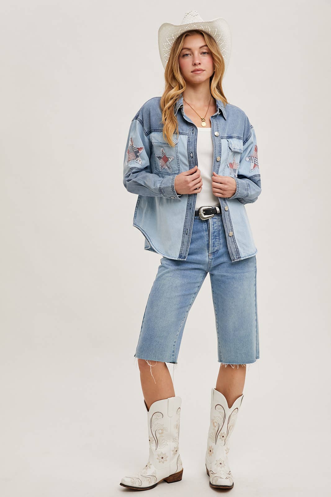 Two-tone denim button-down jacket featuring patriotic star appliqués on pocket and sleeve