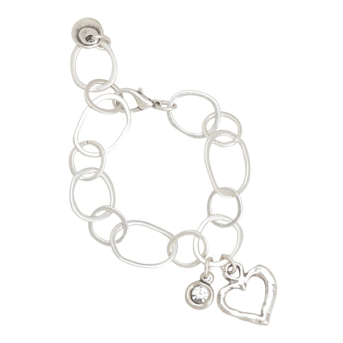 A silver link bracelet featuring elongated oval links, a lobster clasp, a small round bezel-set clear crystal charm, and an open heart-shaped charm.