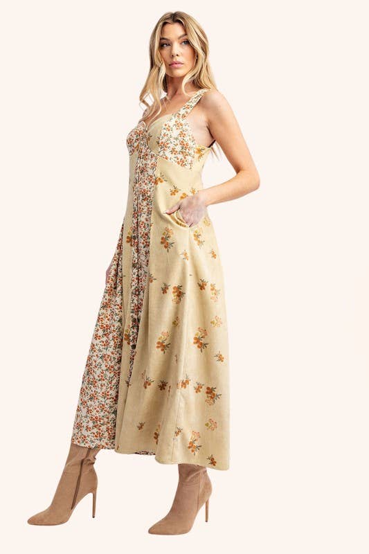 Cottagecore patchwork floral A-line midi with sweetheart bodice and pockets