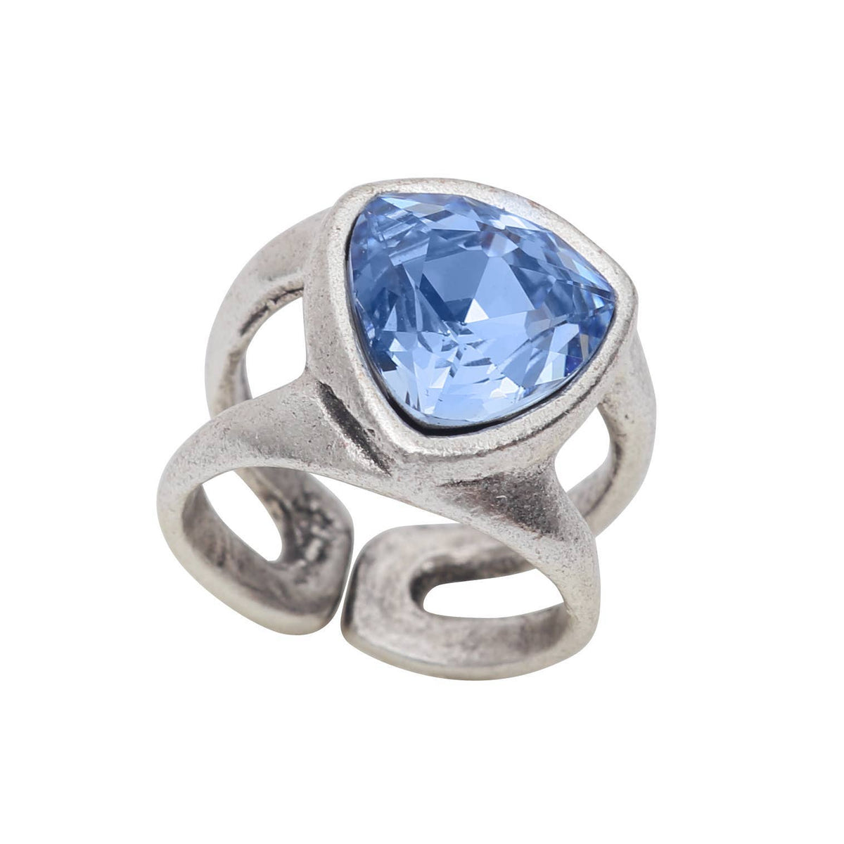 A silver-toned open shank ring featuring a large, faceted light blue teardrop-shaped gemstone, shown against a plain white background.