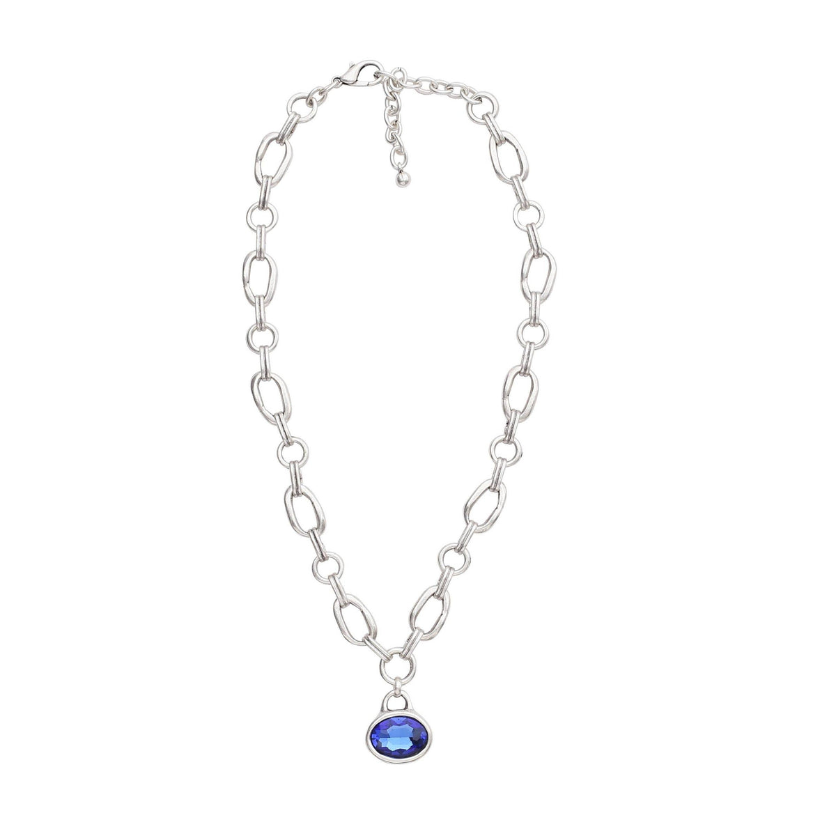 A silver-toned chain necklace featuring elongated oval links and a small oval blue gemstone pendant, shown against a plain white background.