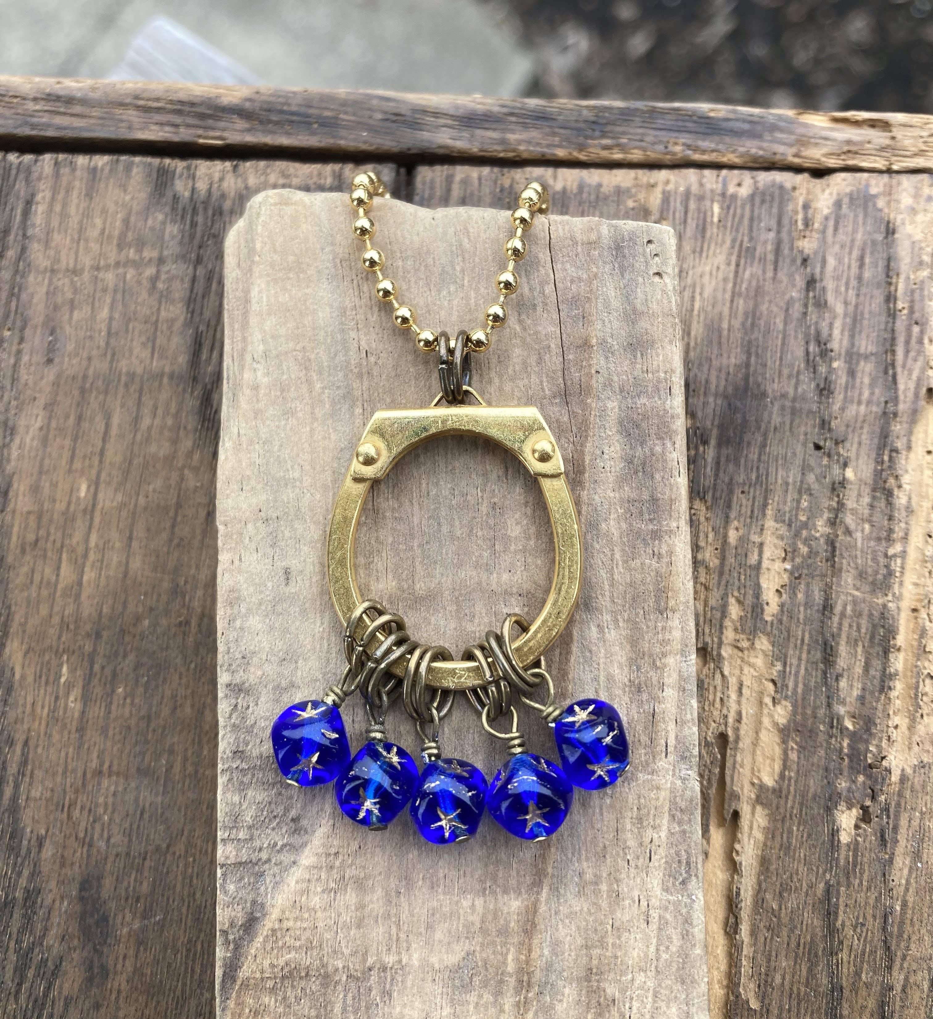 Cobalt & Gold Stars Glass Beaded Pendant Necklace