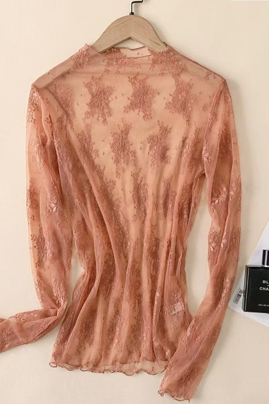 Sheer blush-peach lace mesh long-sleeve mock-neck top shown on hanger, back view.