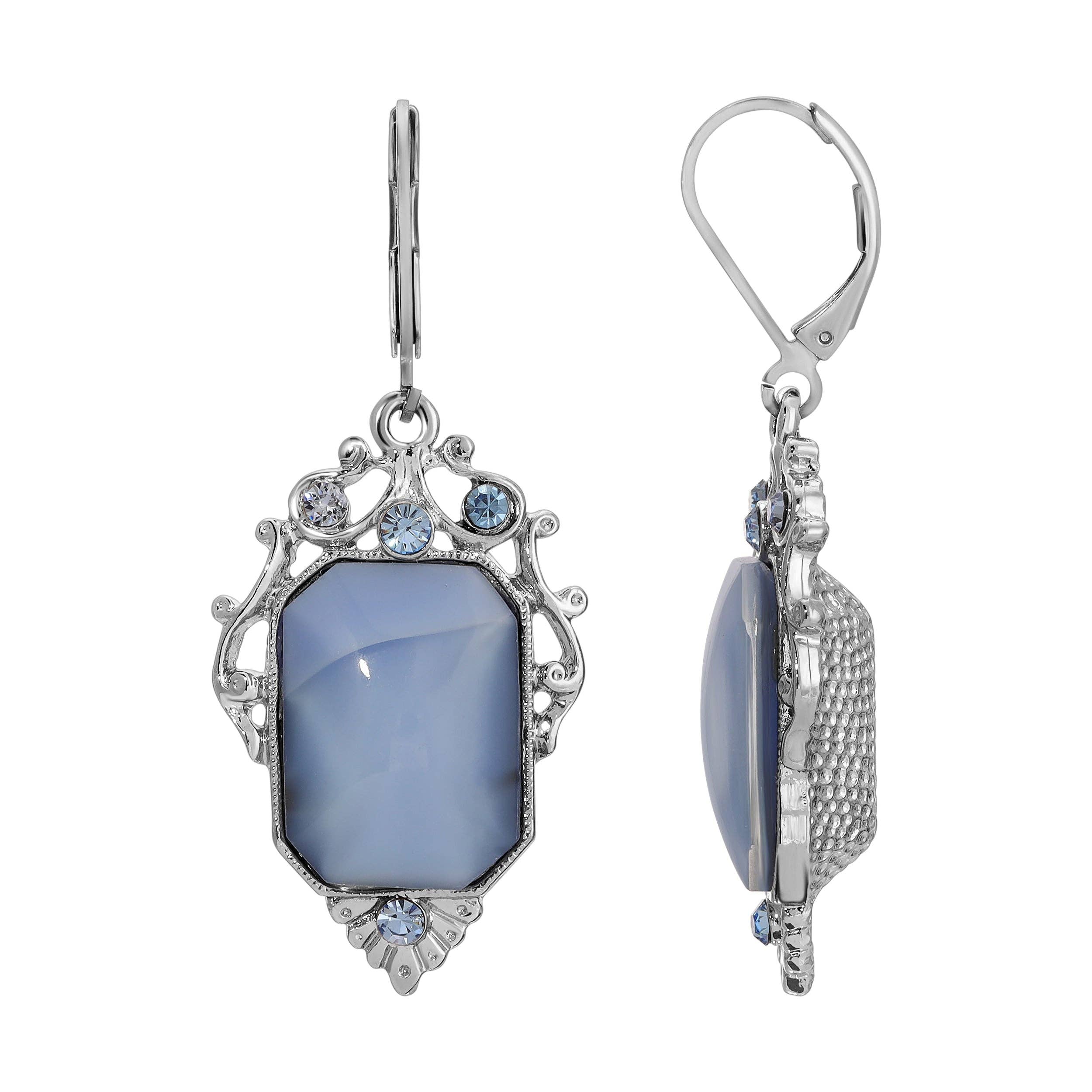 The Deco blue moonstone earrings - Art Deco filigree drop earrings with octagon blue German glass moonstone and light sapphire crystals, lever back closure by 1928 Jewelry