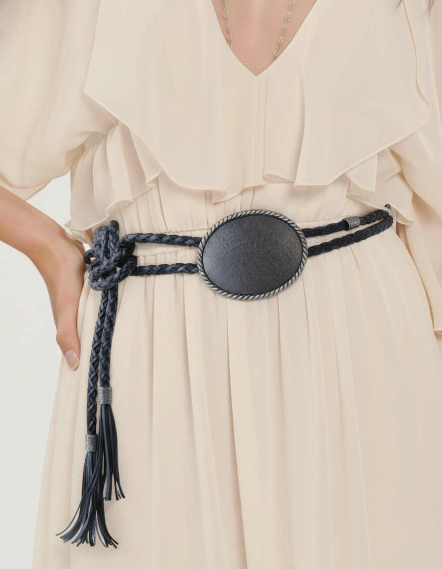 The Outlaw: Braided Leather Western Rope Belt with Oval Concho & Tassel