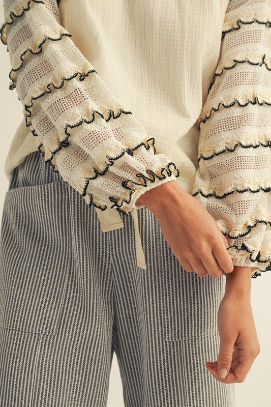 Close-up of cream gauze blouse sleeves—sheer lace balloon sleeves with scalloped ruffle trim, black stitching, and elastic cuffs.