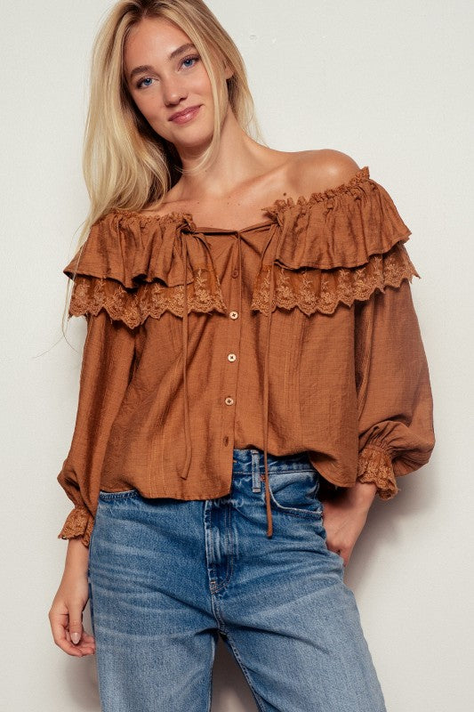 Brown boho lace ruffle off-shoulder blouse with button-down front and billowy sleeves
