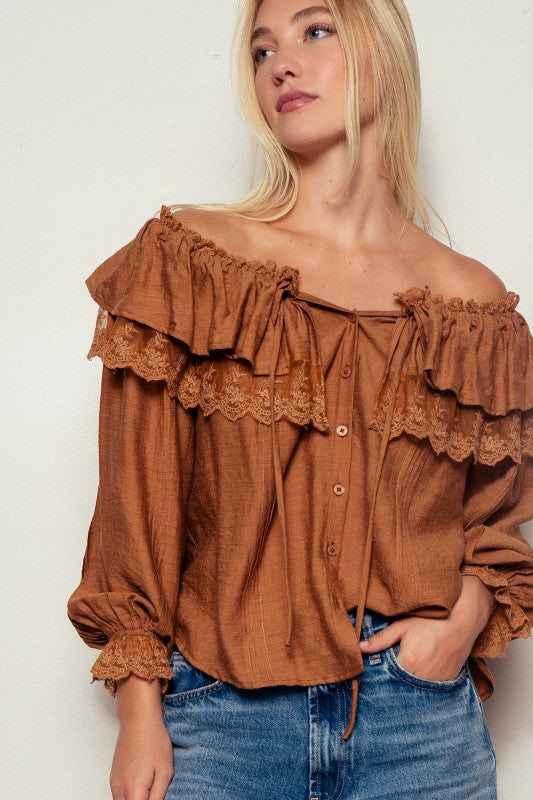 Brown boho lace ruffle off-shoulder blouse with button-down front and billowy sleeves
