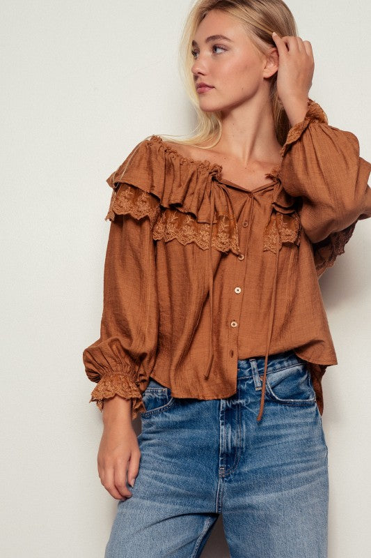 Brown boho lace ruffle off-shoulder blouse with button-down front and billowy sleeves
