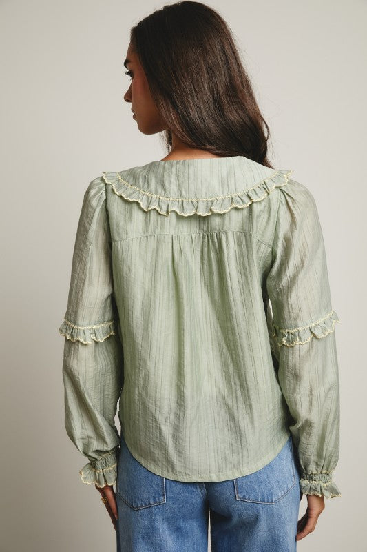 Back view of sage green ruffle-trim blouse with Peter Pan collar, long sleeves and smocked cuffs, worn with blue jeans.