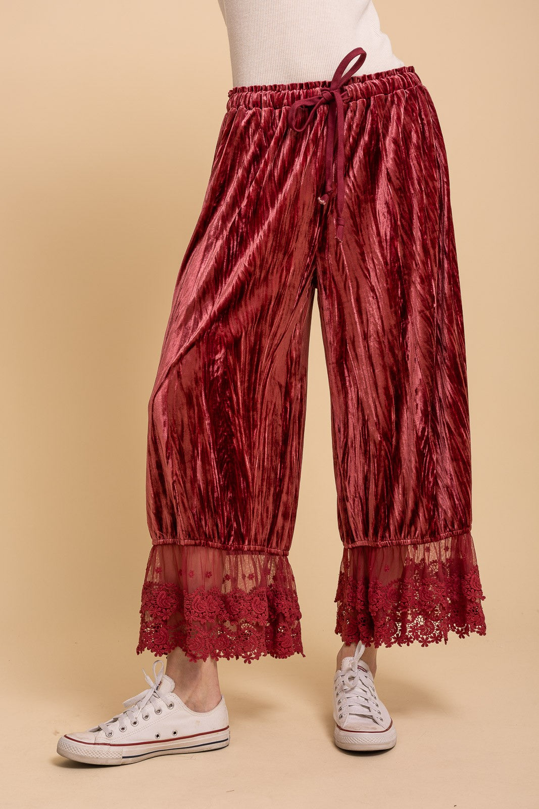 Crinkled Velvet Lace Ruffle Bloomer Pants