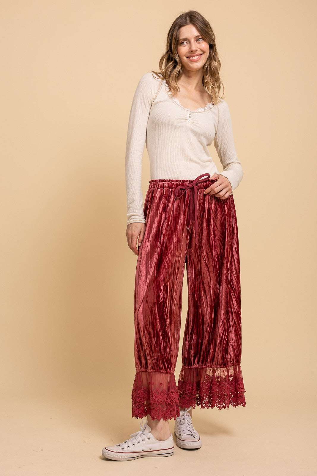 Crinkled Velvet Lace Ruffle Bloomer Pants