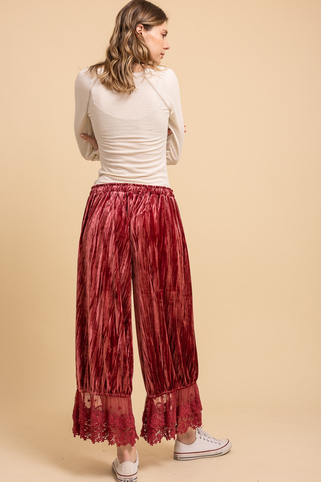Crinkled Velvet Lace Ruffle Bloomer Pants