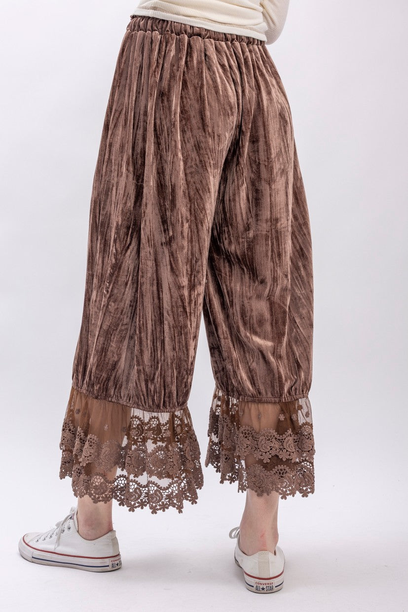 Crinkled Velvet Lace Ruffle Bloomer Pants