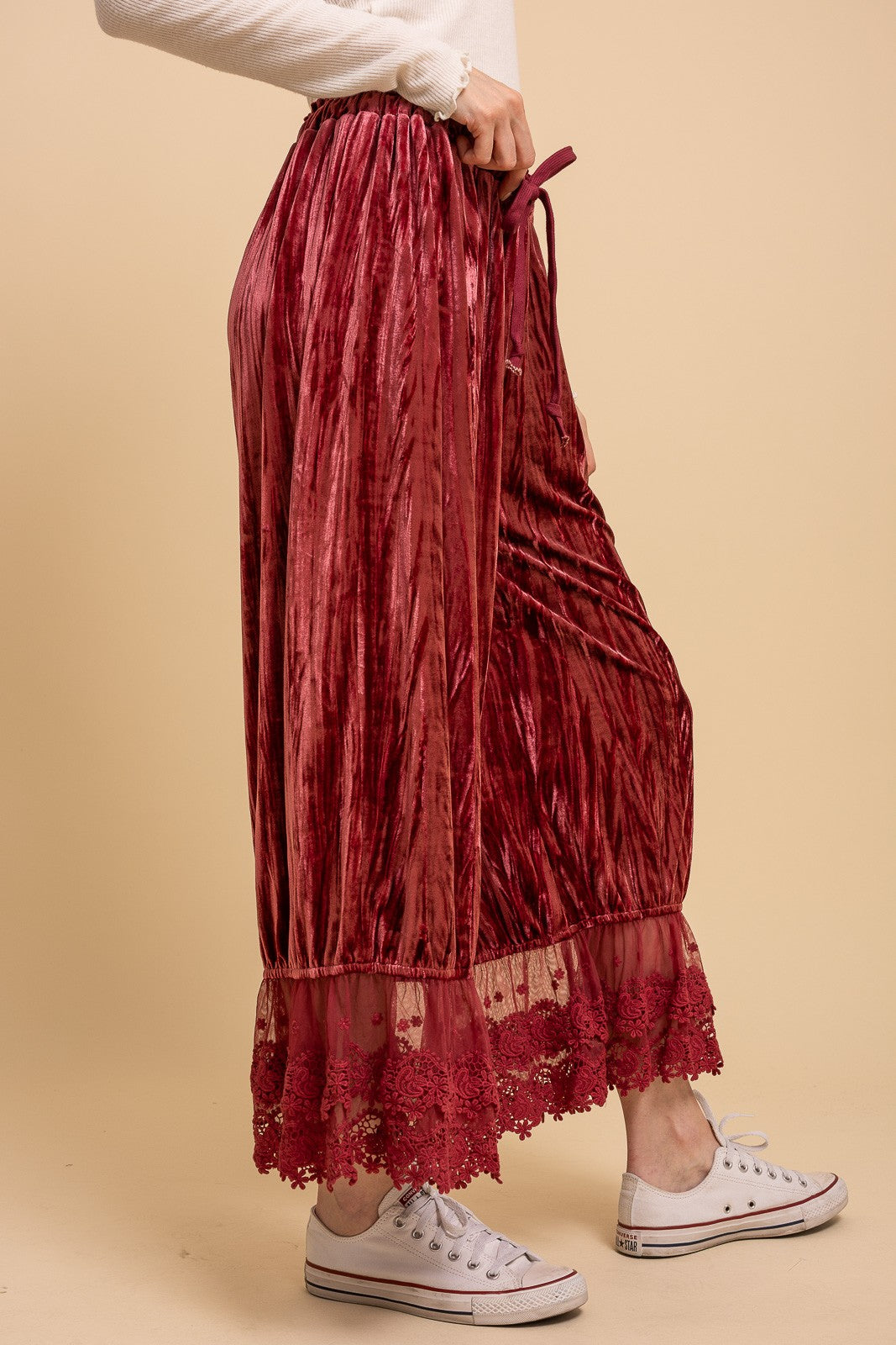 Crinkled Velvet Lace Ruffle Bloomer Pants