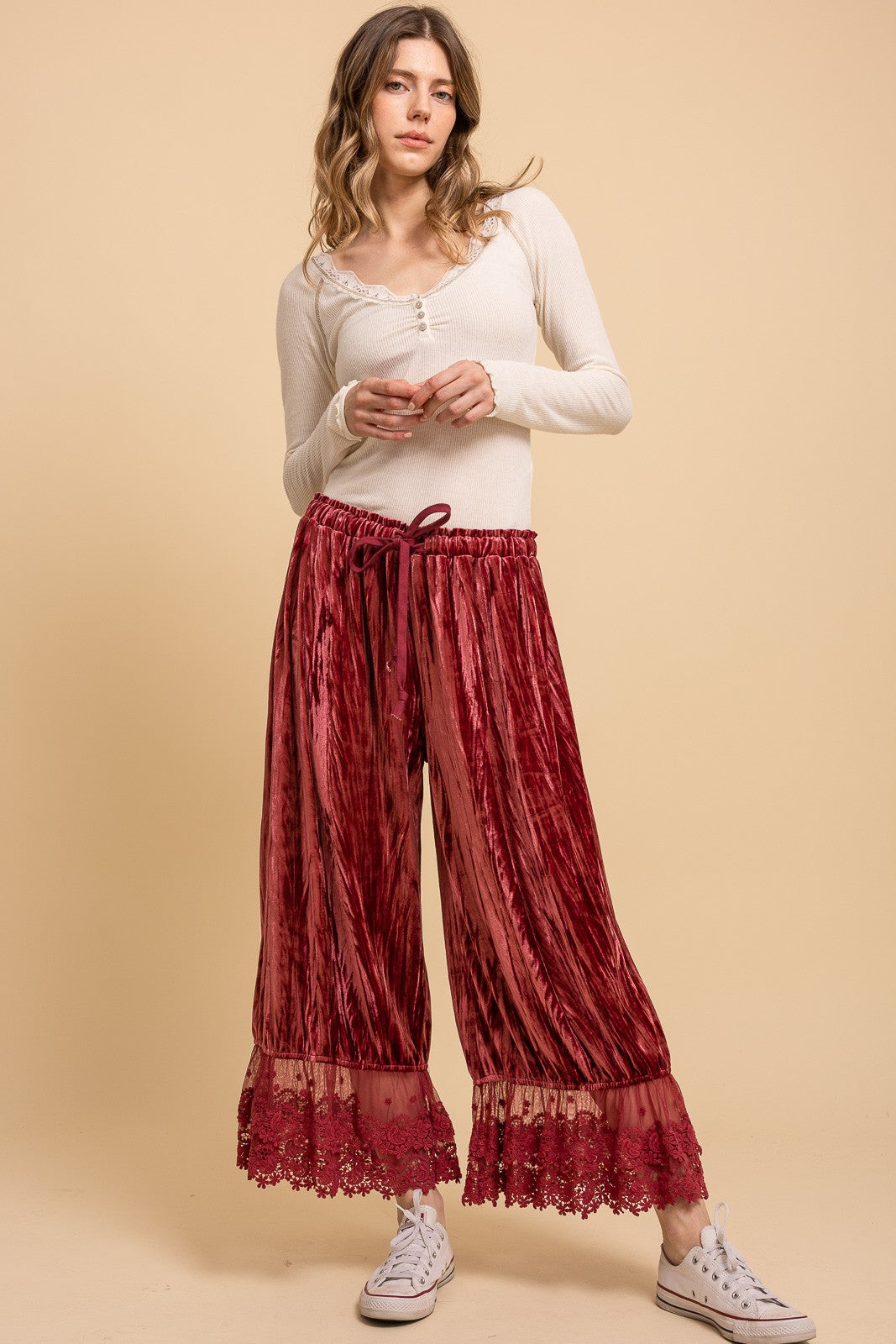 Crinkled Velvet Lace Ruffle Bloomer Pants