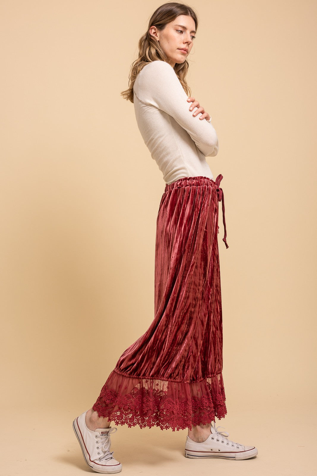 Crinkled Velvet Lace Ruffle Bloomer Pants