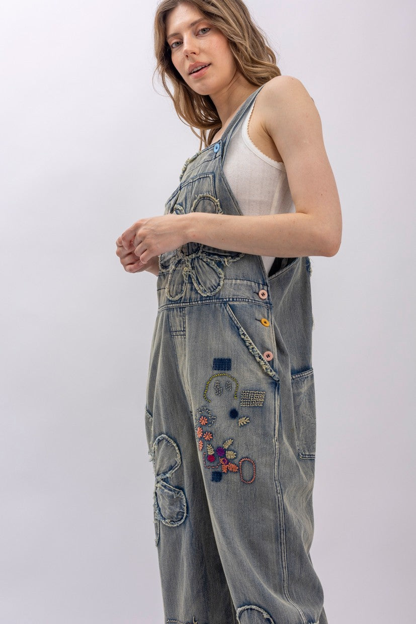 drawstring waist, daisy patchwork, mixed embroidery, button accents