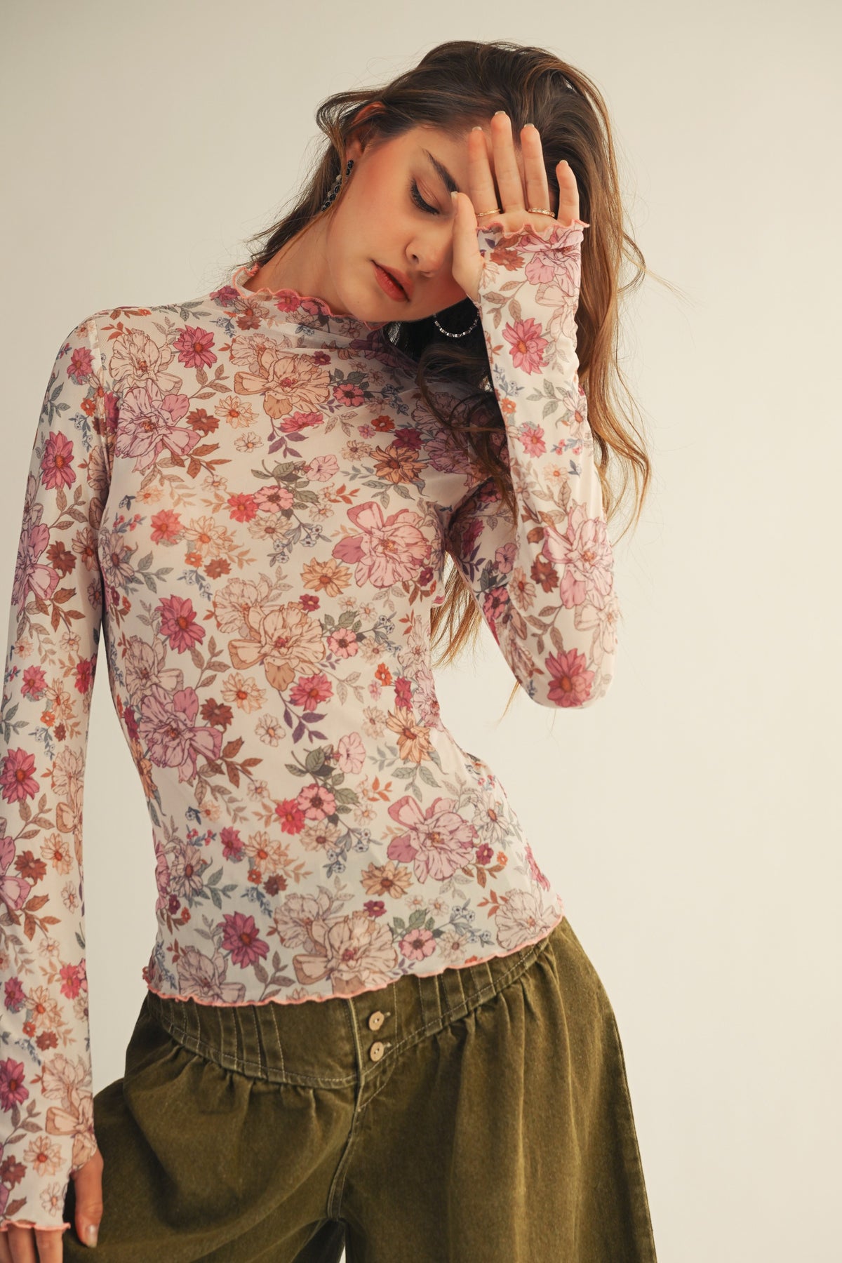 Petal Whisper Floral Mesh Thumbhole Top