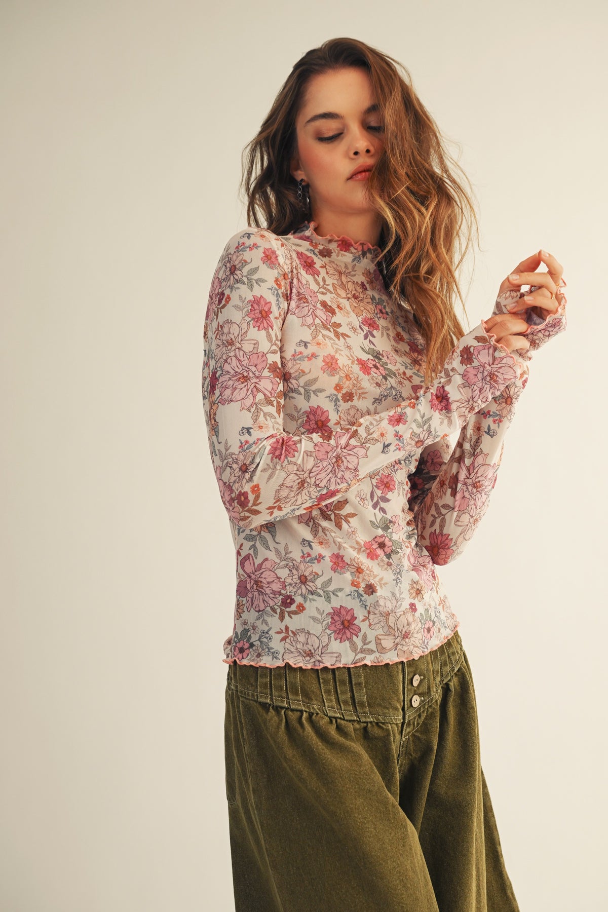 Petal Whisper Floral Mesh Thumbhole Top