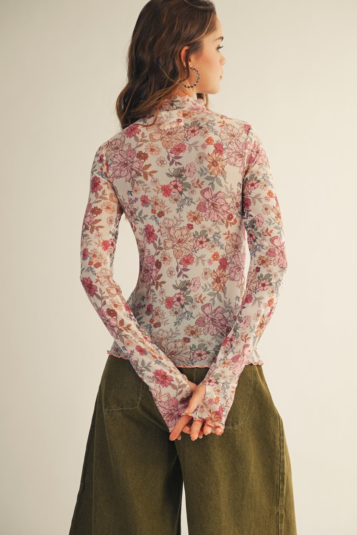 Petal Whisper Floral Mesh Thumbhole Top