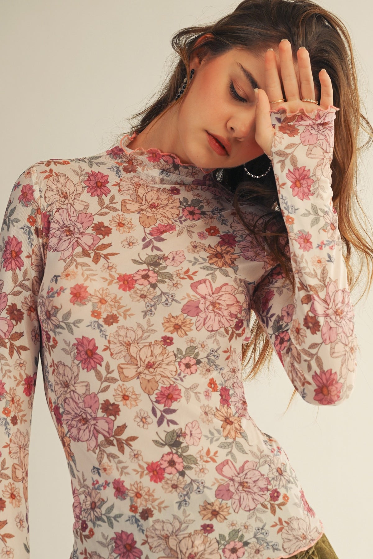Petal Whisper Floral Mesh Thumbhole Top