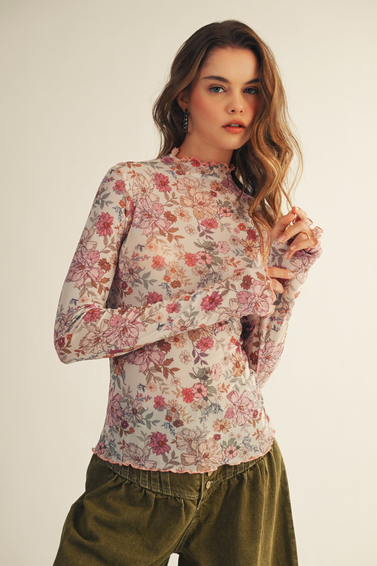 Petal Whisper Floral Mesh Thumbhole Top