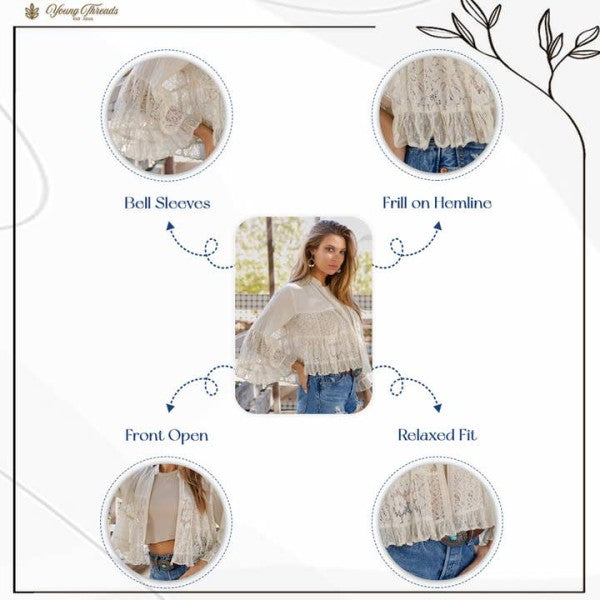 Product description of a lace top with features highlighted on a white background.