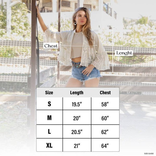 Woman wearing a light jacket with a size chart overlay