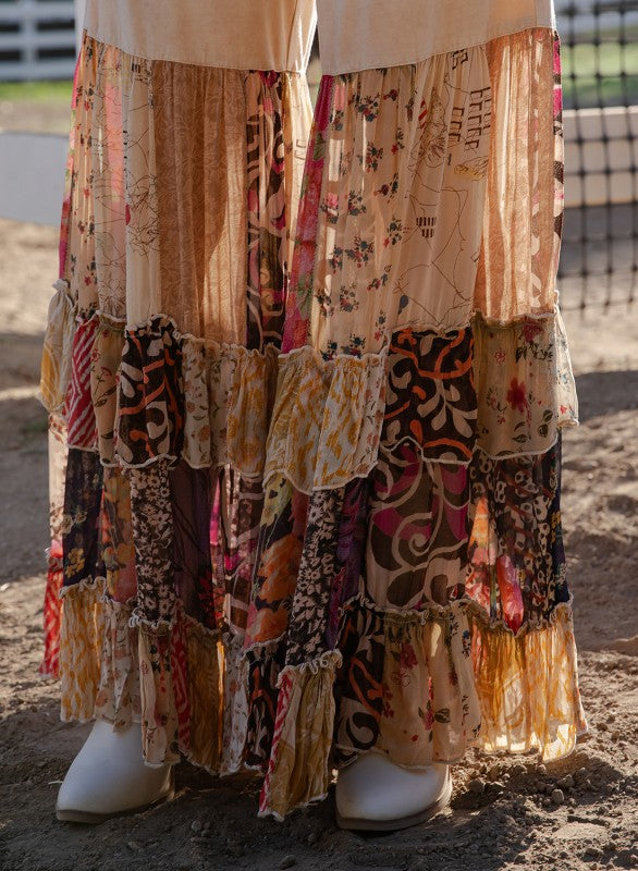 The Dreamer Tiered Wide Leg Pants - detail of mixed cotton knit and printed ruffle panels