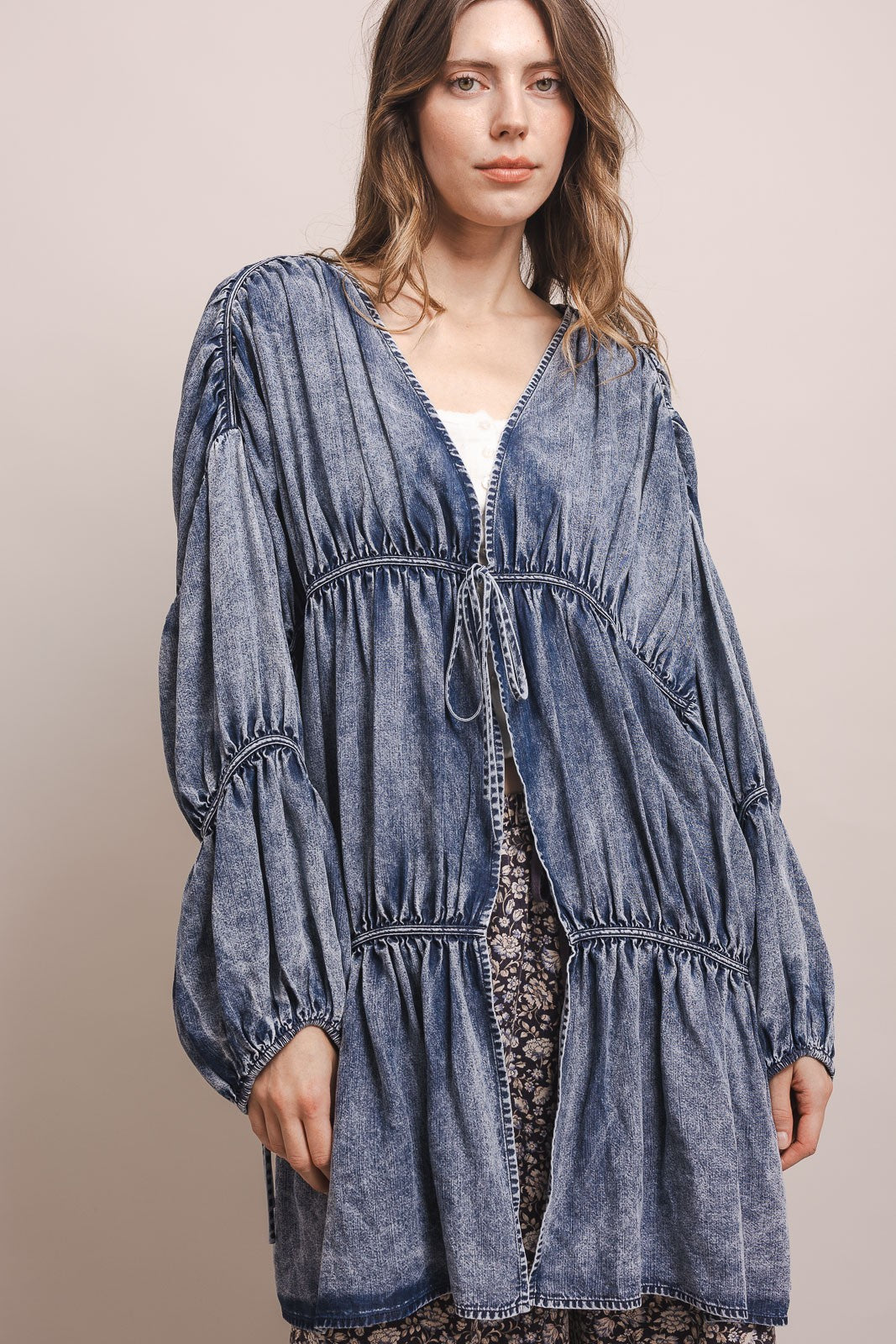 Washed Chambray Bubble Sleeve Duster