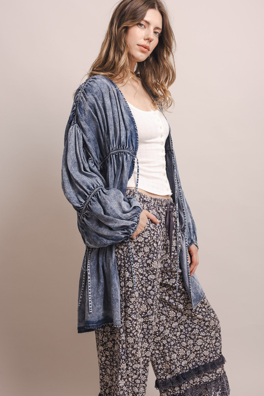 Washed Chambray Bubble Sleeve Duster