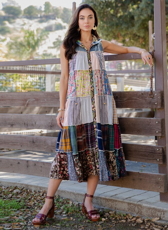 The Wanderer Hooded Patchwork Duster - sleeveless boho maxi duster with mixed patchwork and hood, front view