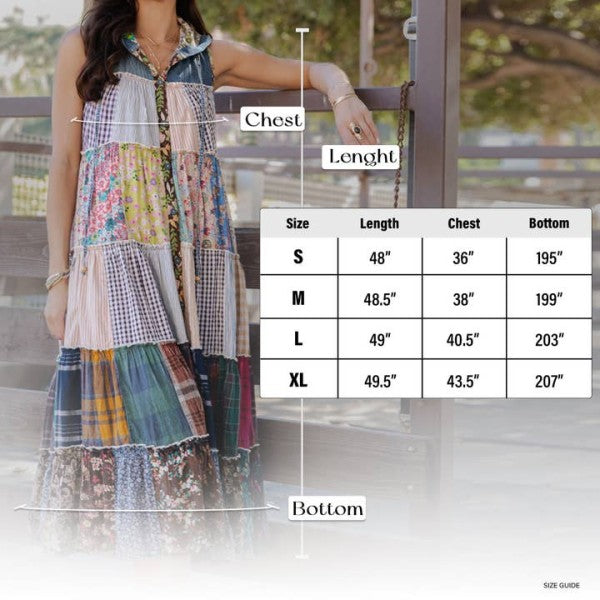 The Wanderer duster hoodie dress displaying the  patchwork dress with size chart overlay