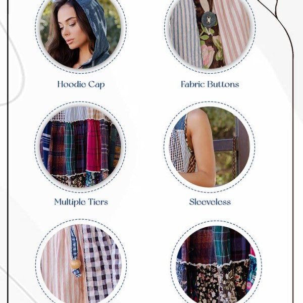 The wanderer Product features of a garment with labels like 'Hoodie Cap', 'Fabric Buttons', 'Multiple Tiers', and 'Sleevless'.