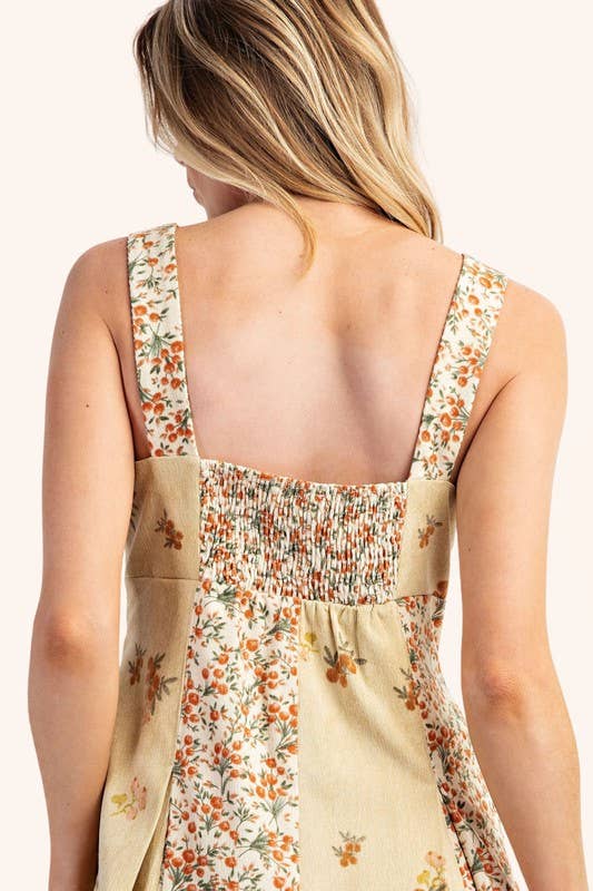 Cottagecore patchwork floral A-line midi with sweetheart bodice and pockets