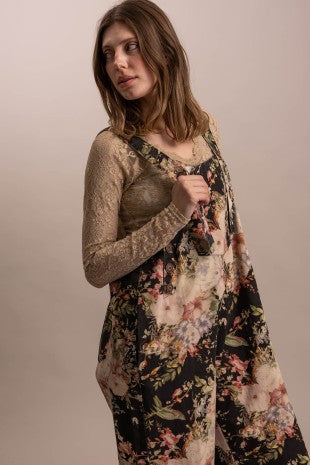 Midnight Floral Print Overalls