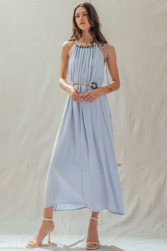 Beaded Halter Neck Linen Maxi Dress in light blue with multicolor bead neckline and rope belt, worn with strappy heels — Urban Daizy

