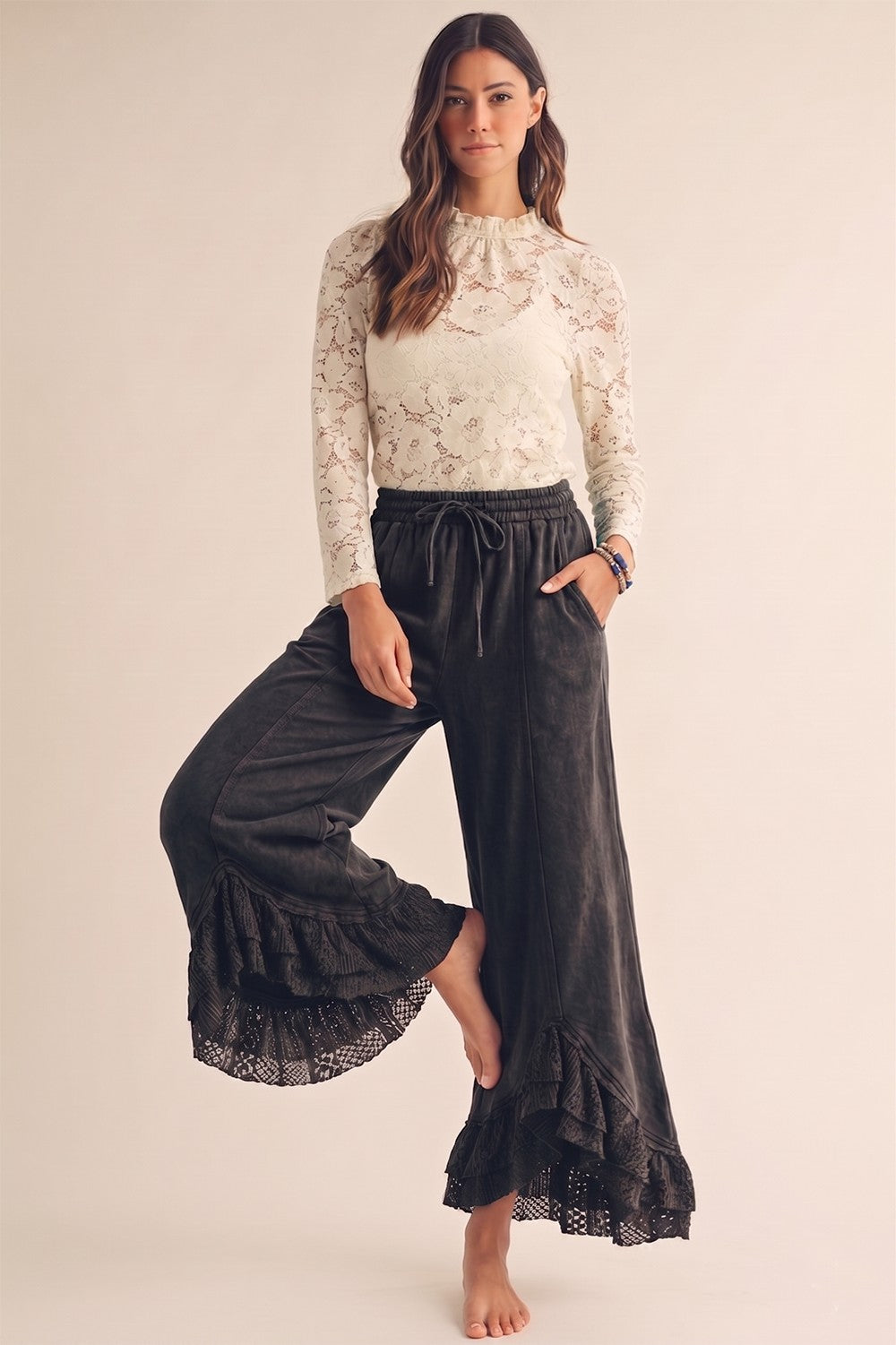 Romantic Lace Mineral Wash Pants – Charcoal