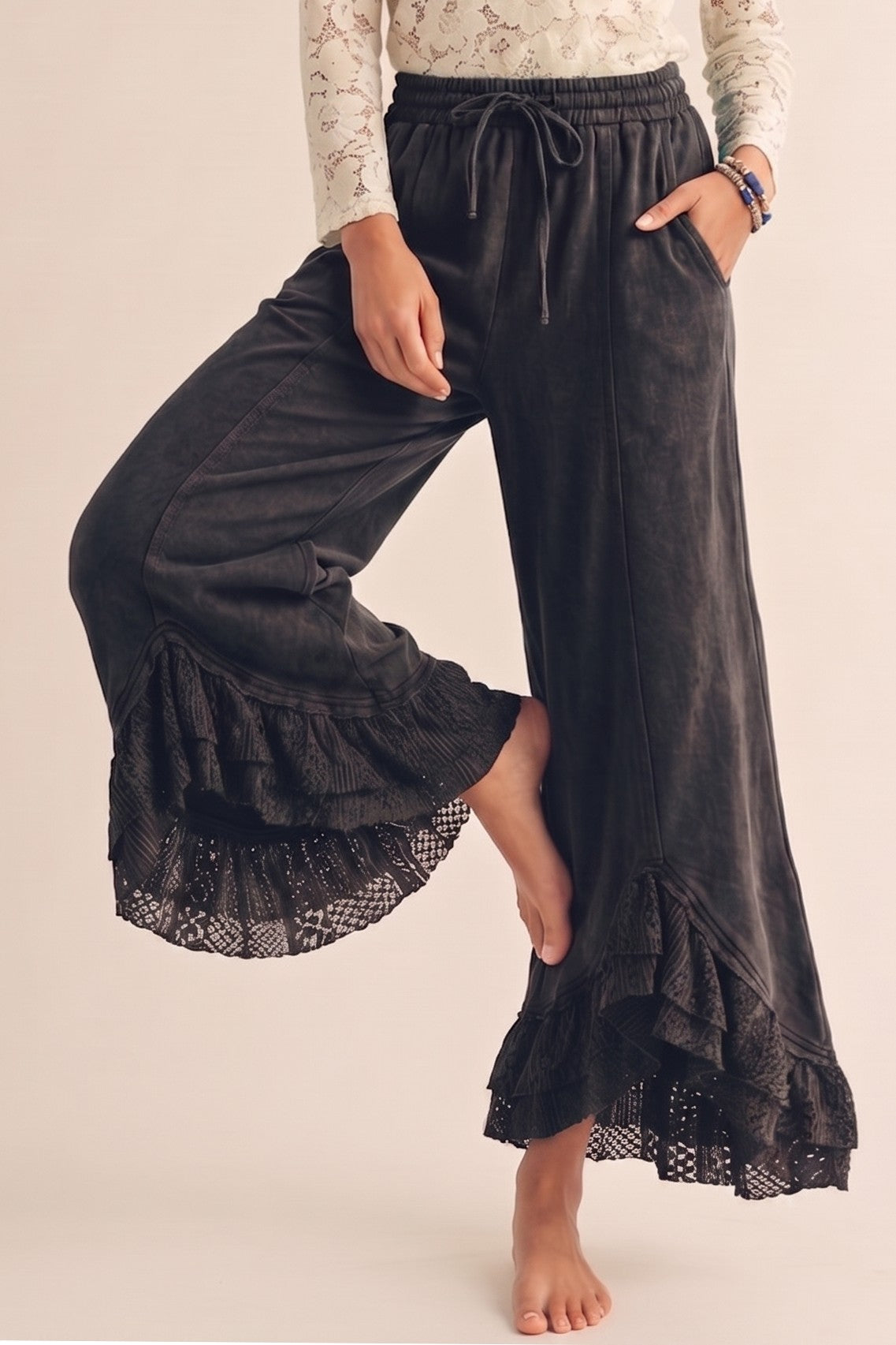 Romantic Lace Mineral Wash Pants – Charcoal