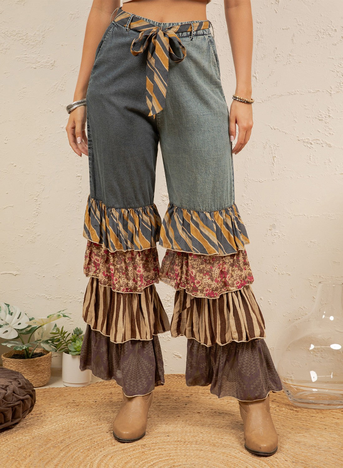 Boho Patchwork Ruffle Flare Pants with Belt