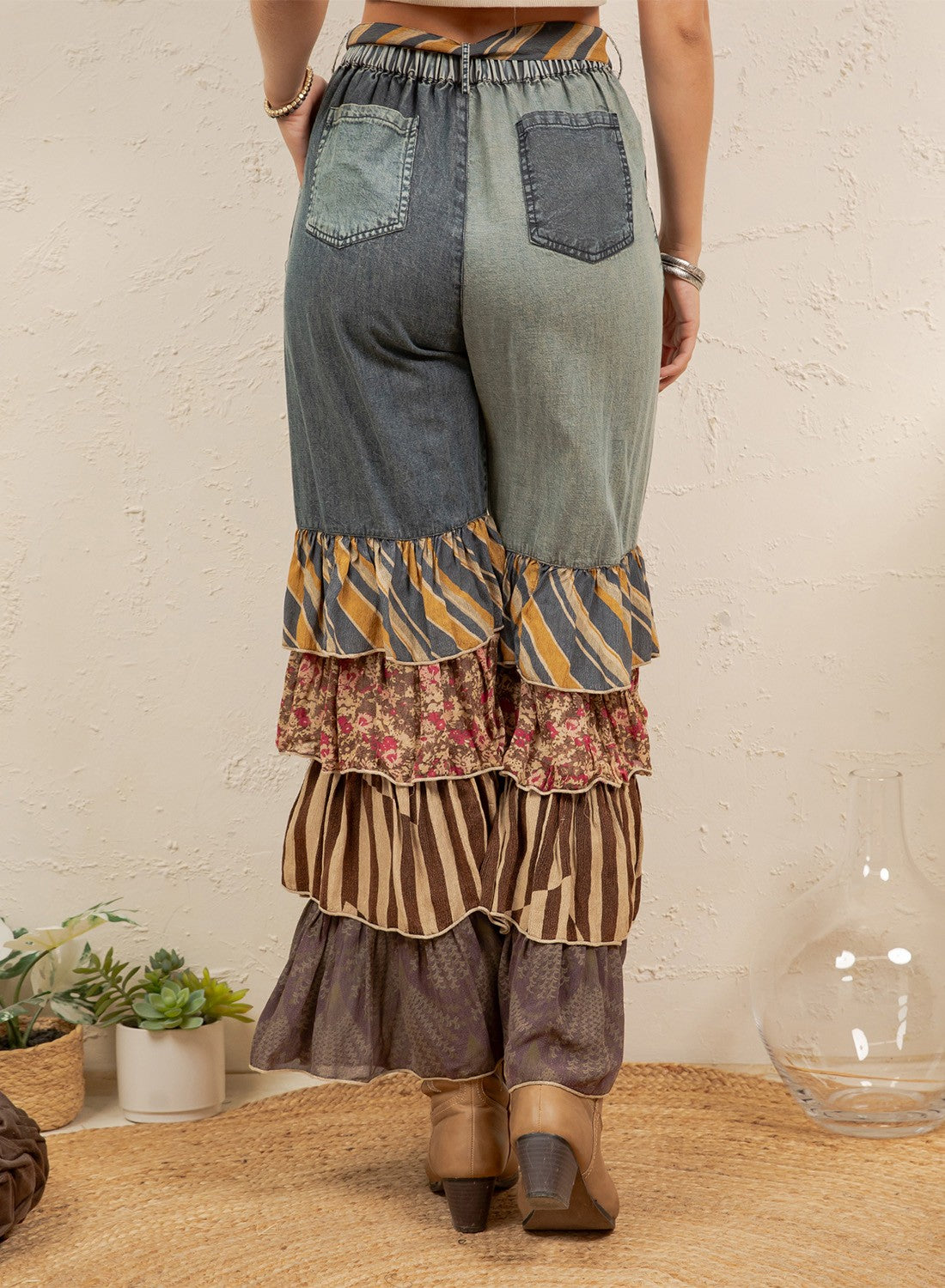 Boho Patchwork Ruffle Flare Pants with Belt