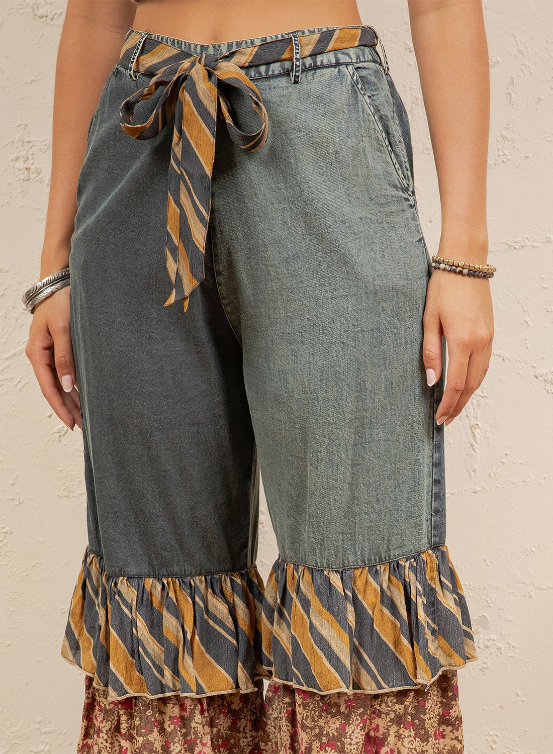 Boho Patchwork Ruffle Flare Pants with Belt