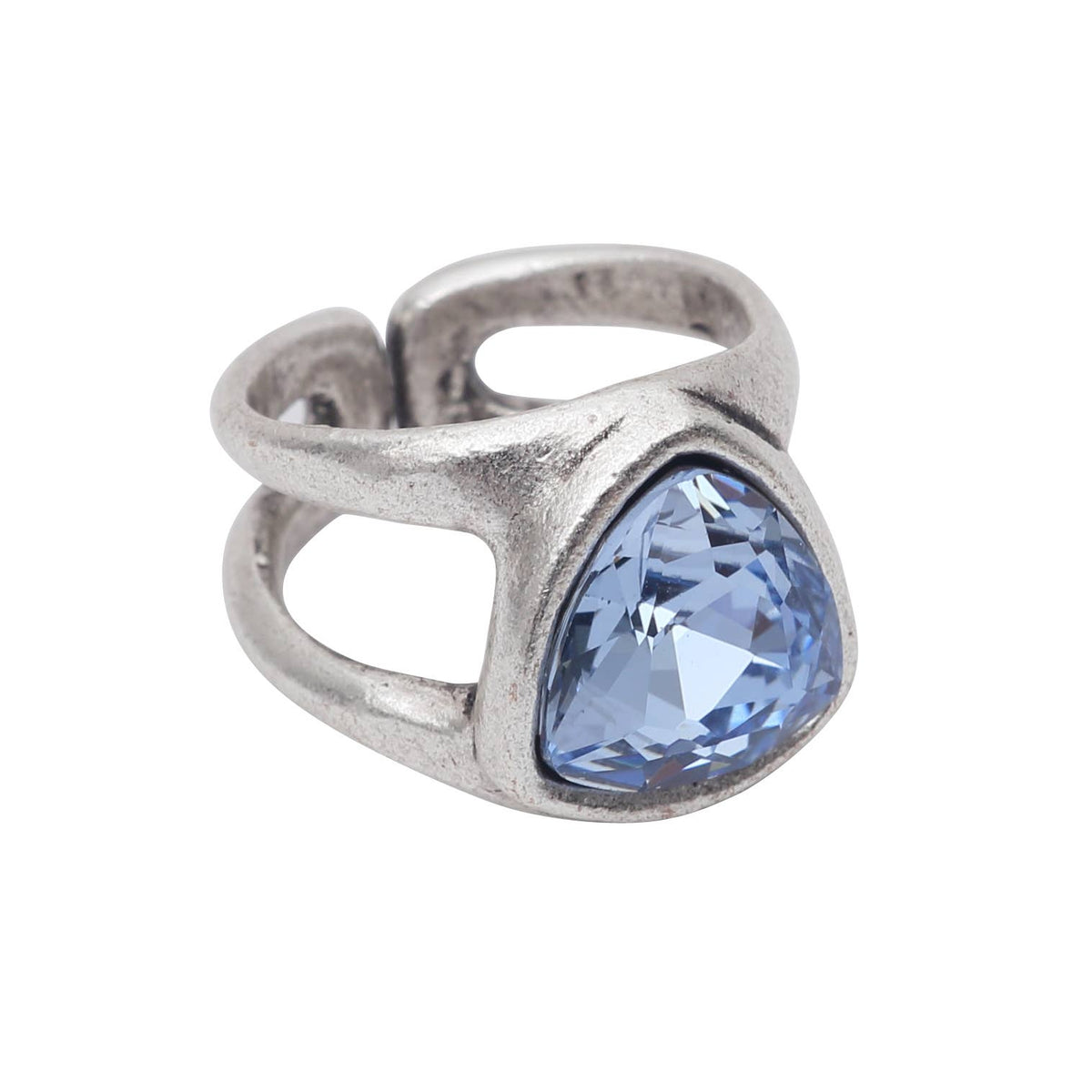Silver ring with a blue gemstone on a white background