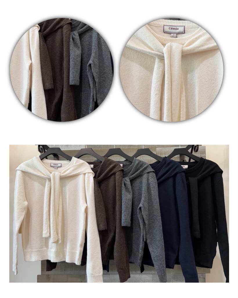 A collage showing a knit hooded sweater with a front tie detail in multiple colors. The top two circular insets are close-ups of the fabric texture in cream and dark brown/gray.