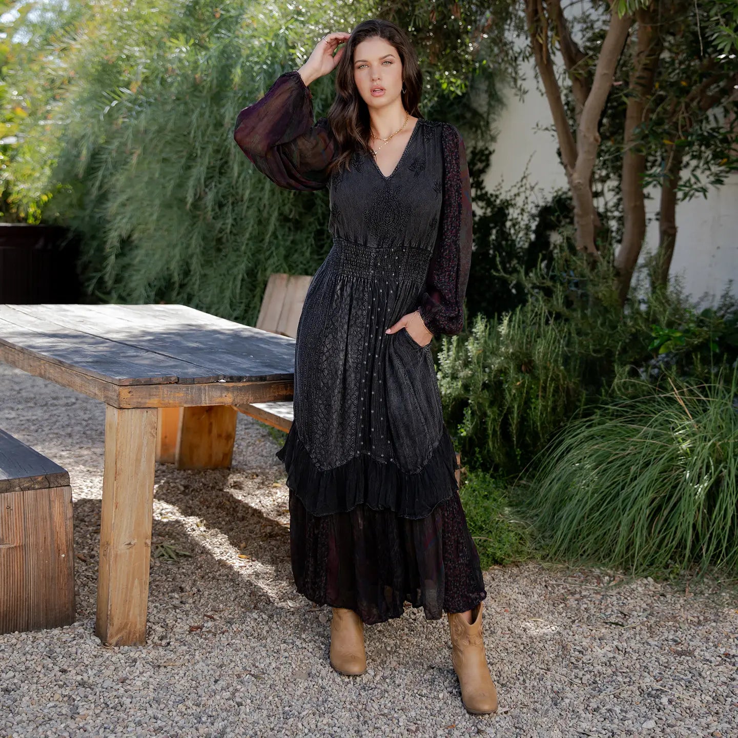 Deep Charcoal Boho Embroidered Maxi Dress - front view