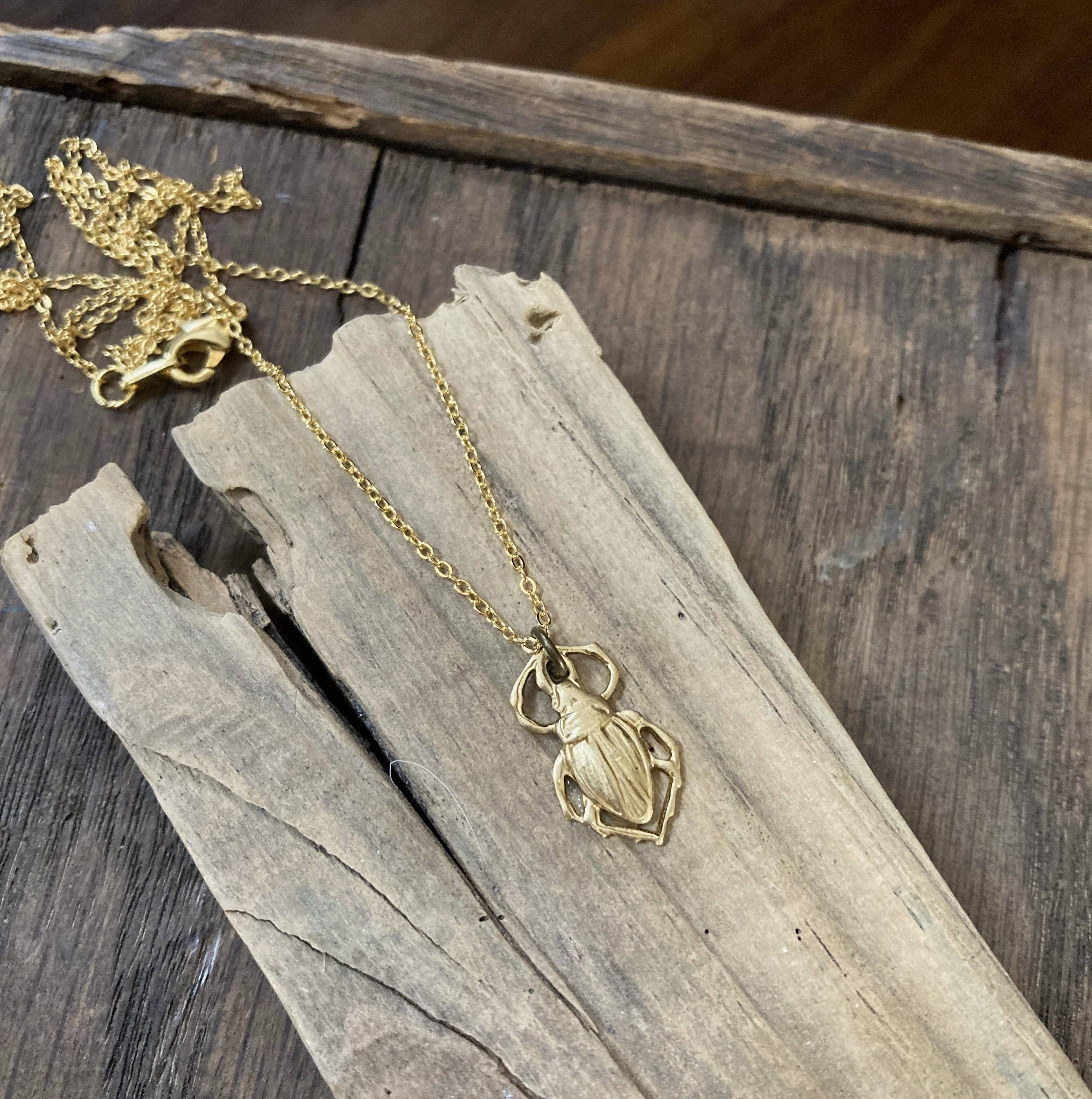 Tiny Brass Beetle Bug Charm Necklace